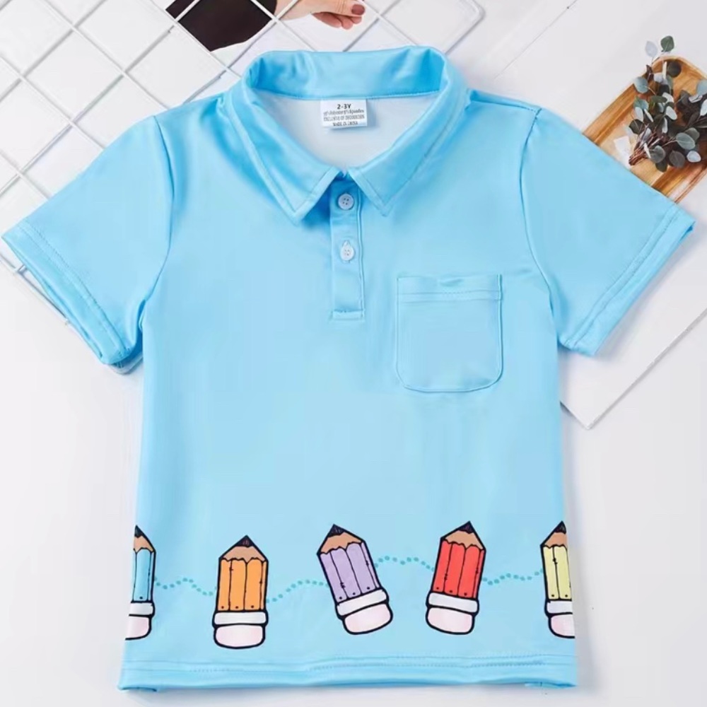 Pencil Pattern Blue Polo Shirt With One Pocket for Boy